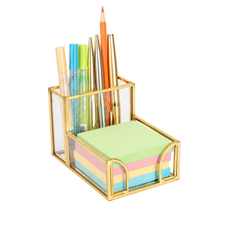 Feyarl Glas Stiftehalter mit Notizzettel Fach Schreibtisch Organizer aus Glas mit Goldfarbenem Metal