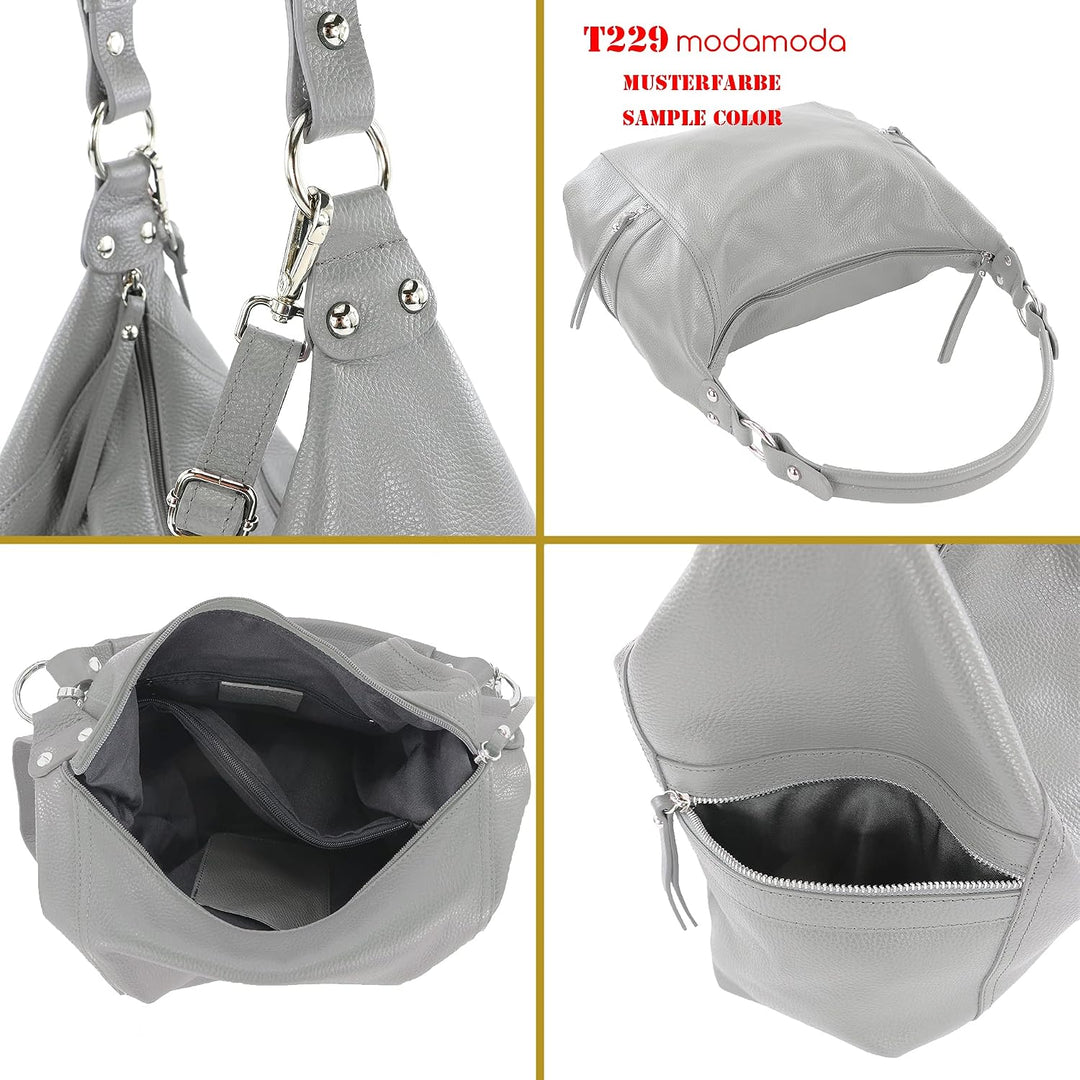 modamoda de - T229 - ital Schultertasche Shopper aus Leder Altrosa, Altrosa