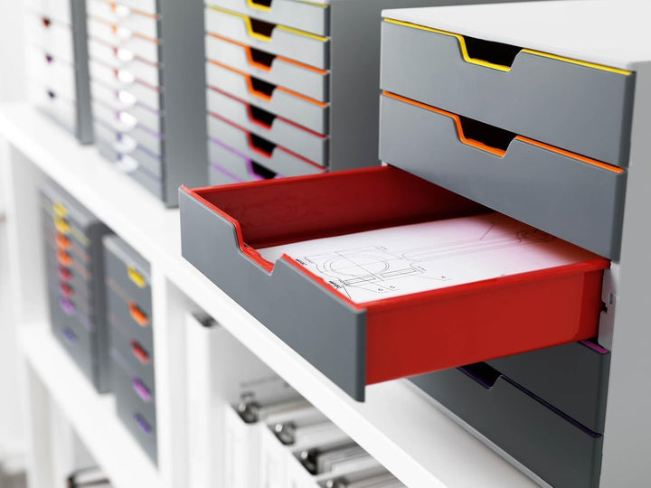 Durable Schubladenbox A4 (Varicolor) Ablagebox 5 Fächer, Ablagebox A4 mit Etiketten zur Beschriftung