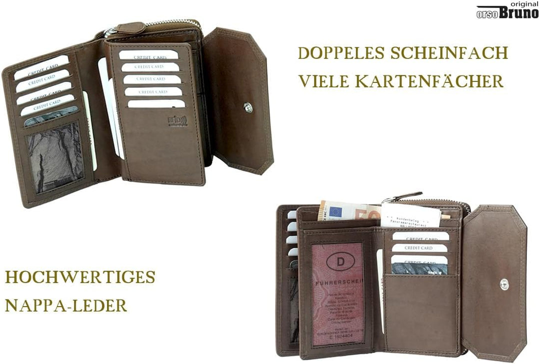 orso Bruno original Damen Geldbörse braun gross Leder Geldbeutel mittelgross braun Damengeldbörse vi
