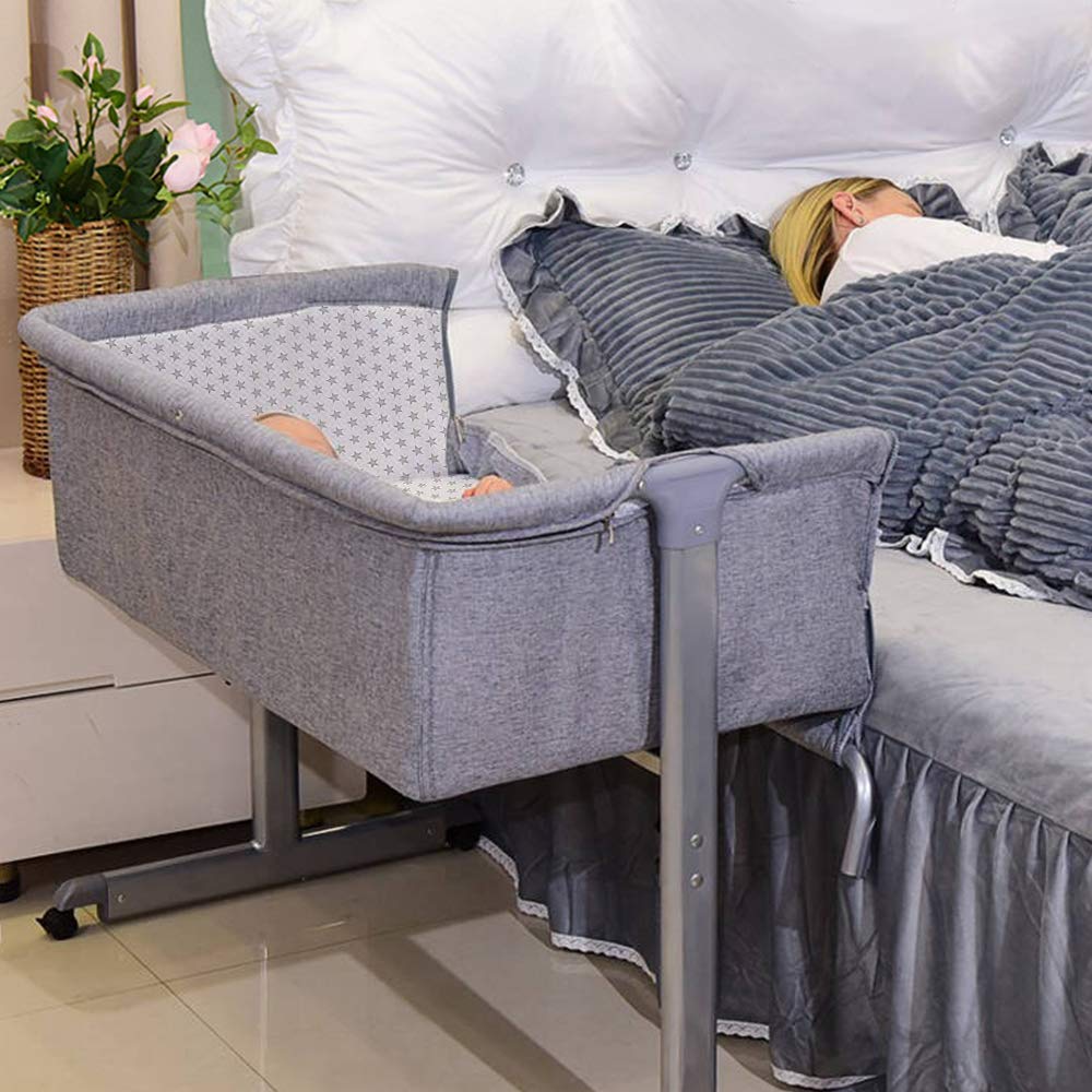 OHMG Beistellbett, Co-Sleeping, Wiege mit Moskitonetz, Höhenverstellung, 4 Räder, Matratzenzubehör,