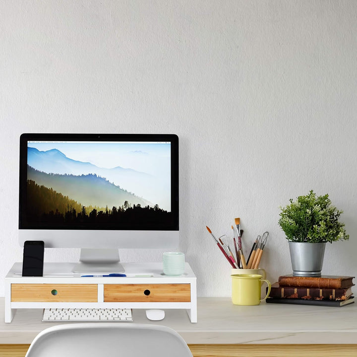 Relaxdays Monitorständer Bambus, Bildschirmerhöhung mit 2 Schubladen & Fächern, Lapdesk HBT 14 x 60