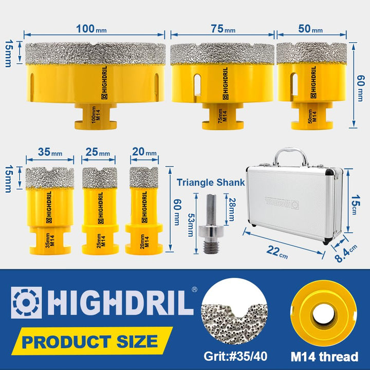 HIGHDRIL Fliesenbohrer Diamantbohrer Set 7 tlg - 20/25/35/50/75/100mm Lochsägen+Adapter für Porzella