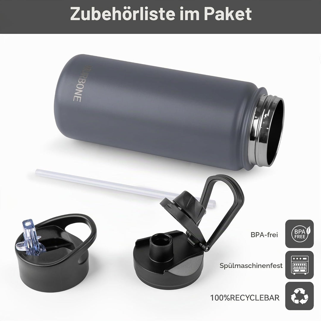 Edelstahl Trinkflasche 500ml (+2 Deckel)-mit Strohhalm,BPA frei,Thermosflasche Auslaufsicher,Kohlens