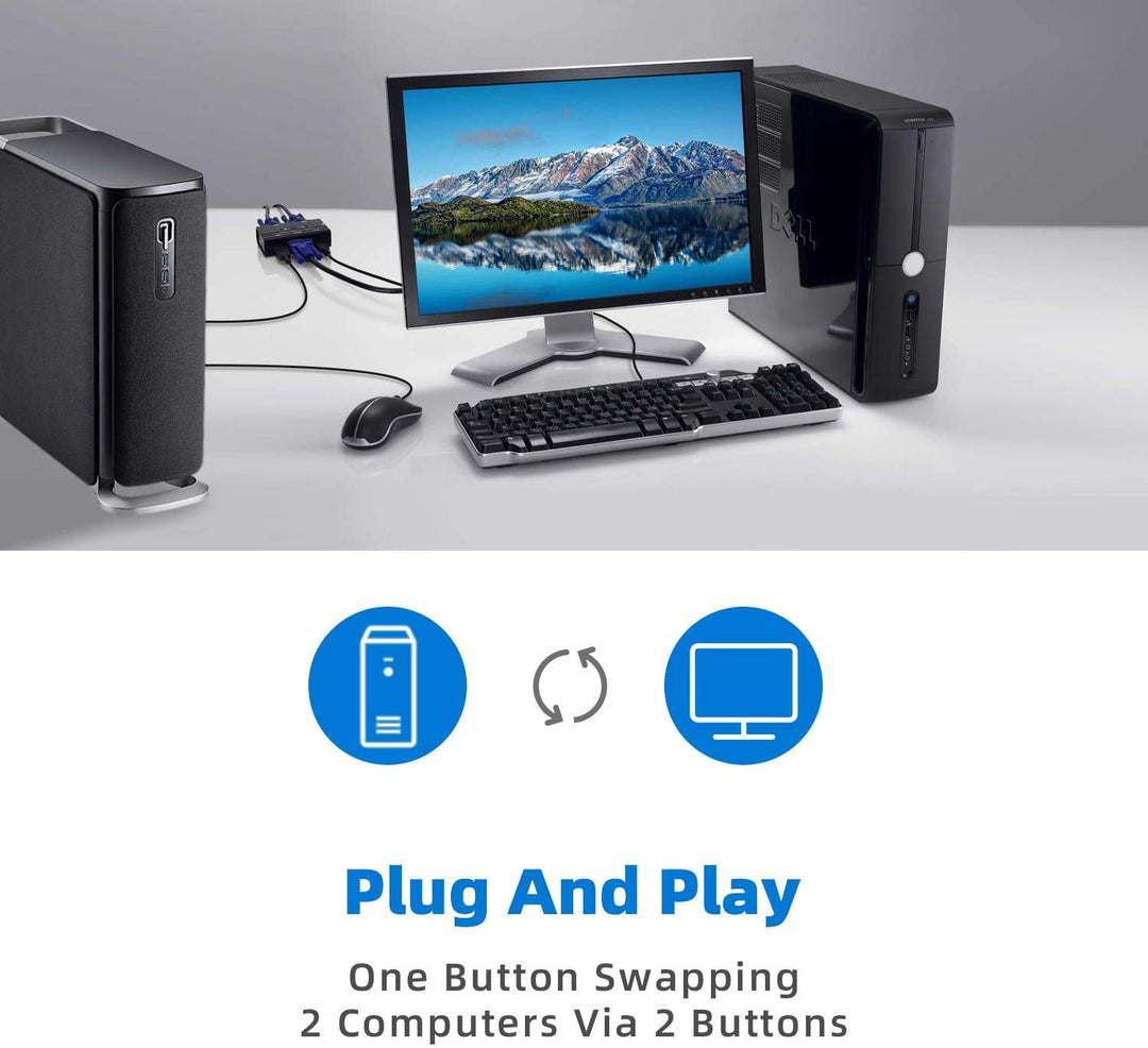 TCNEWCL 2 Port KVM Switch VGA mit 2-in-1 Kabel, VGA USB KVM Switcher 2 PCs 1 Monitor, mit 3 USB 2.0