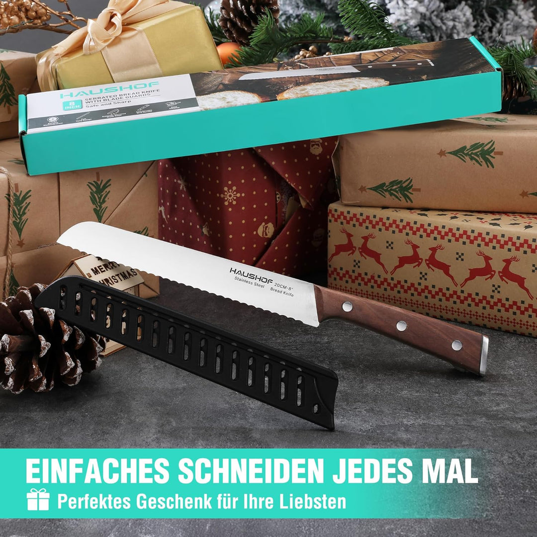 HAUSHOF Brotmesser mit Wellenschliff, Küchenmesser mit Holzgriff aus hochwertigem Edelstahl, Ultrasc