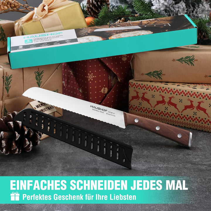 HAUSHOF Brotmesser mit Wellenschliff, Küchenmesser mit Holzgriff aus hochwertigem Edelstahl, Ultrasc