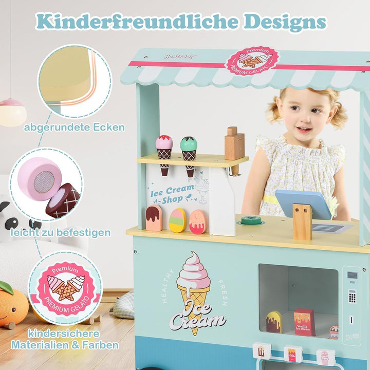 FANTASK Grün Eiswagen Kinde Kaufladen Holz mit 15 Zubehör & Eismaschine & Kasse & Scanner & Verkau,