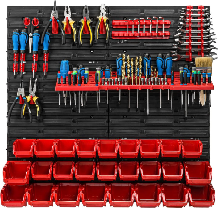 Lagersystem Werkstattregal | 78 x 78 cm | 26 stck. Box | Wandregal mit Werkzeughalterungen und Stape