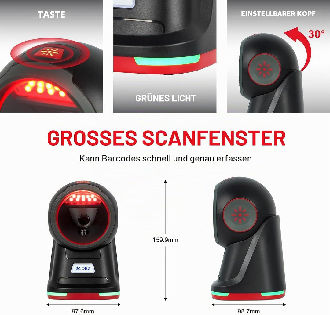 OBZ Desktop Barcode Scanner 1D 2D QR-Code | USB-Kabelgebundener Hands-Free mit Omnidirektionalem Sca
