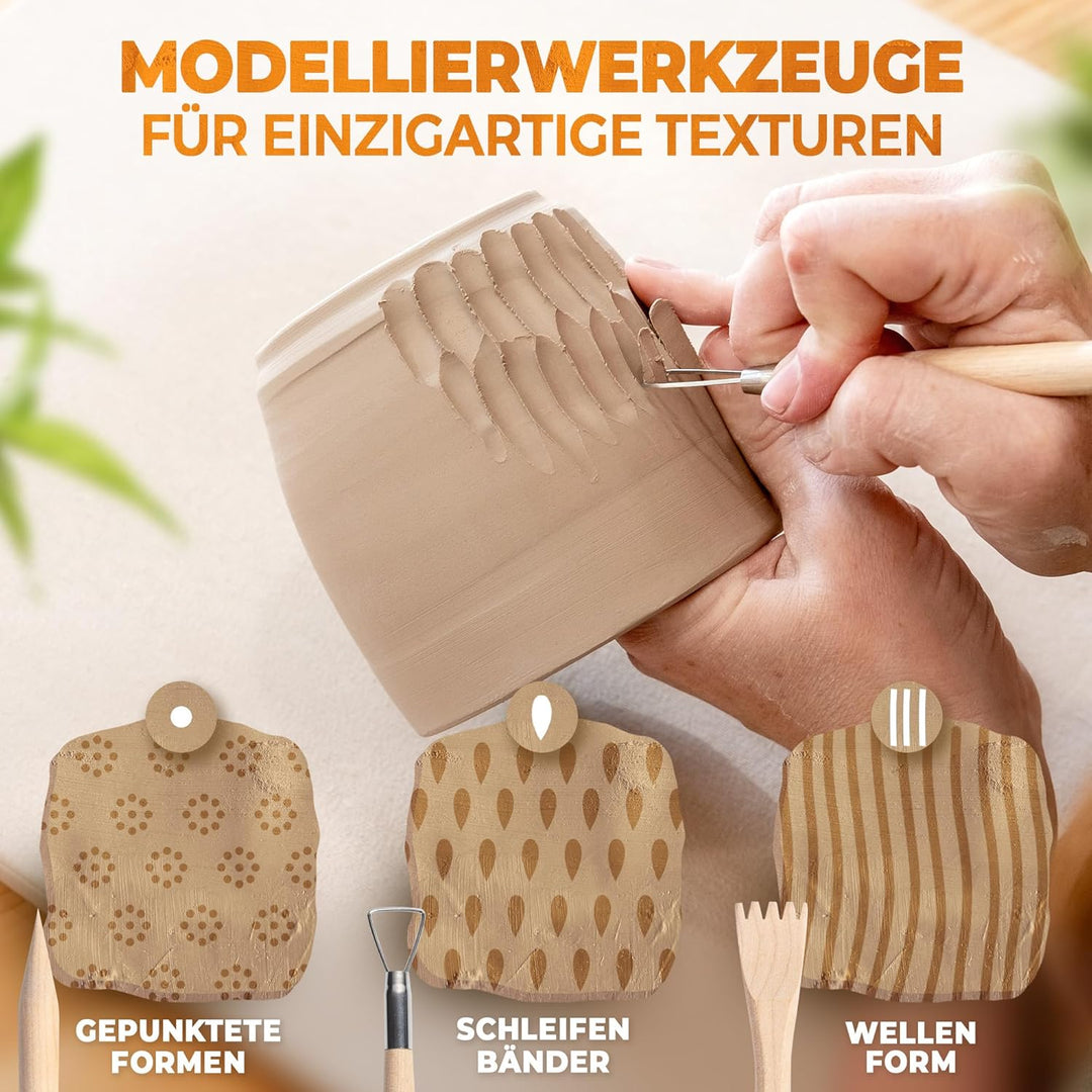 KreaBella Töpferset - DIY töpfern für Zuhause, Lufttrocknender Ton zum basteln, selbsttrocknender To