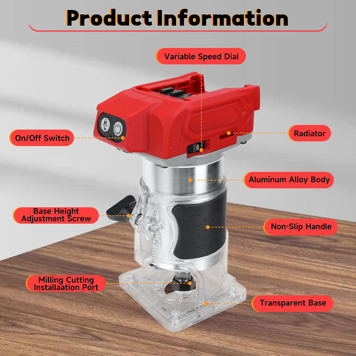 Akku Oberfräse kompatibel für Milwaukee 18V Batterie, 800W bürstenloser Trimmer Router mit 5 Gängen,