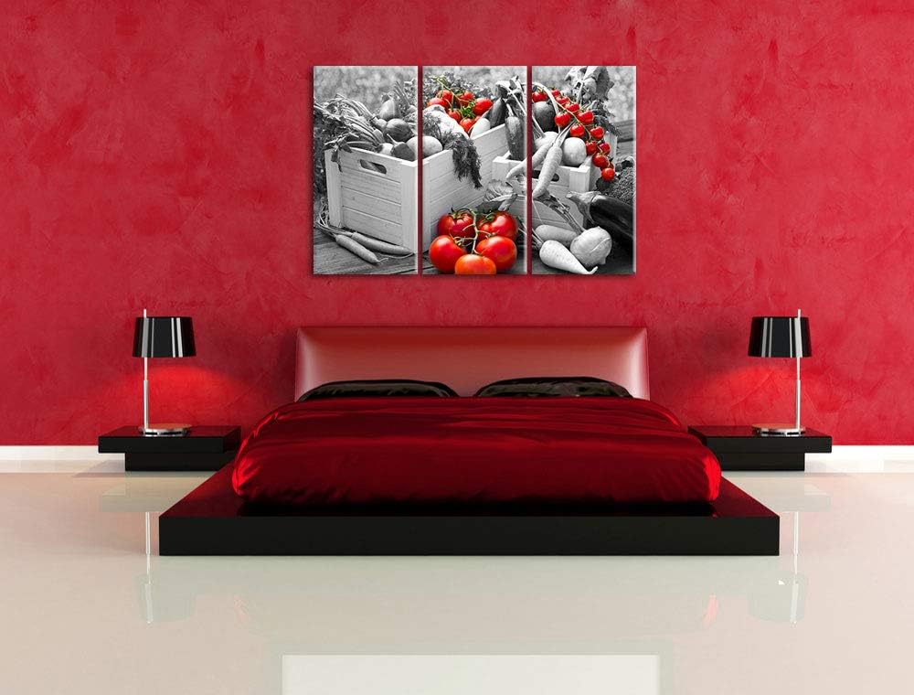 Pixxprint Gemüse in Holzkisten als Leinwandbild | Grösse: 3 Teilig (120x80) | Wandbild| Kunstdruck |