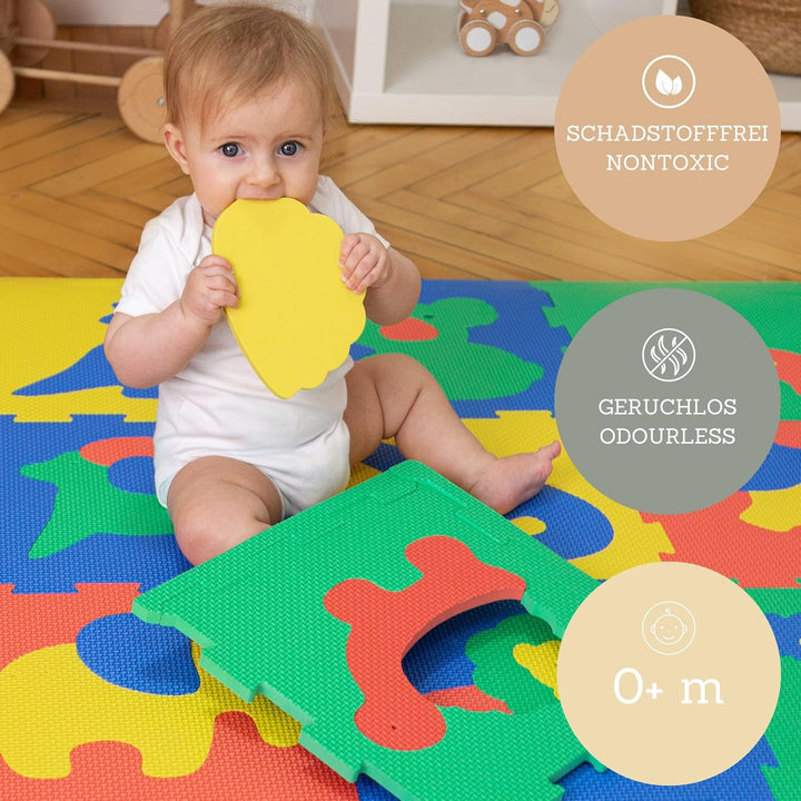 Attraktive Puzzlematte Baby 1,2x0,9m Safari Tiere – 12 Platten à 30x30cm – 20% dickere & weichere Sp