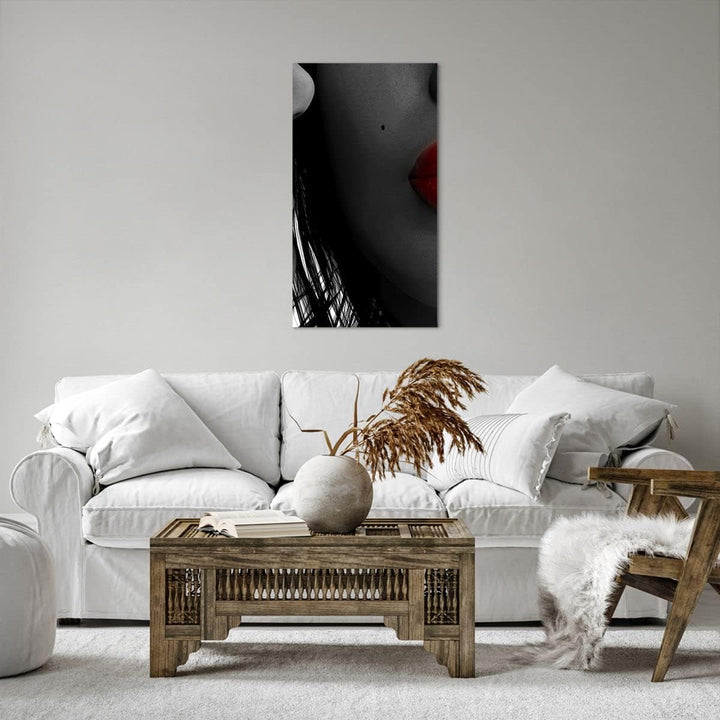 Bilder auf Leinwand 55x100cm Leinwandbild mit Rahmen Rote Lippen dunkles Haar Modell Liebe Gross Wan