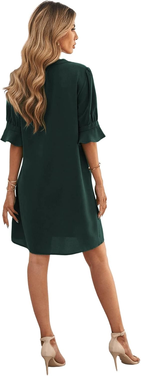 Famulily Frauen V-Ausschnitt Halbarm Hemdkleid Elegant Sommer Casual Einfarbig Kurzes Kleid S-XXL M