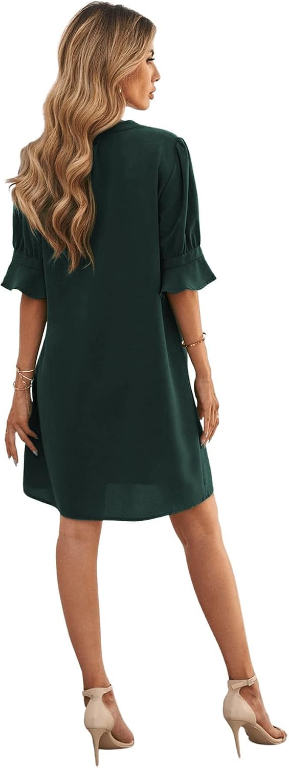 Famulily Frauen V-Ausschnitt Halbarm Hemdkleid Elegant Sommer Casual Einfarbig Kurzes Kleid S-XXL XL