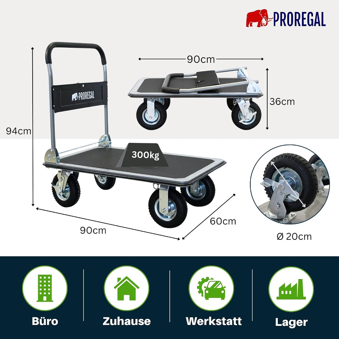 PROREGAL Profi-Plattformwagen Transportwagen Big Rhino 300kg klappbar mit Luftreifen, 360° Lenkrolle