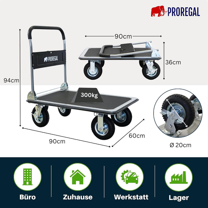 PROREGAL Profi-Plattformwagen Transportwagen Big Rhino 300kg klappbar mit Luftreifen, 360° Lenkrolle