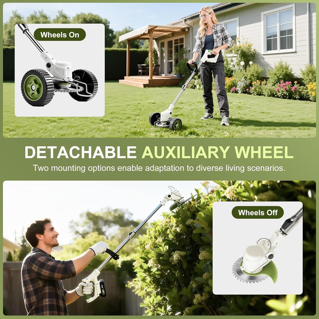 Rasentrimmer mit Akku - Cordless Lawn Strimmer with Wheels 2 Batteries 6 Metal Blades 10 Plastic Bla
