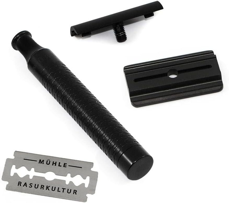 MÜHLE Rocca traditioneller Sicherheitsrasierer - Rasierhobel Jet-Black geschlossener Kamm - schwarze