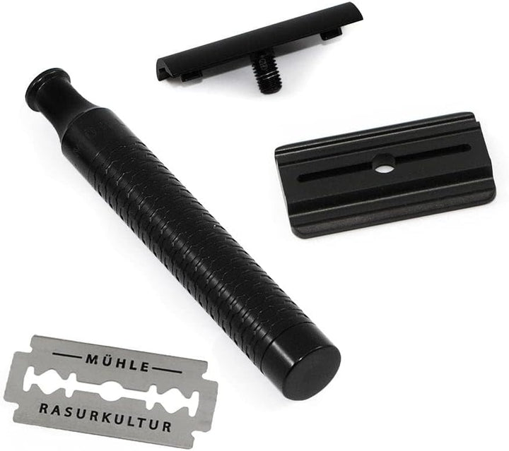 MÜHLE Rocca traditioneller Sicherheitsrasierer - Rasierhobel Jet-Black geschlossener Kamm - schwarze