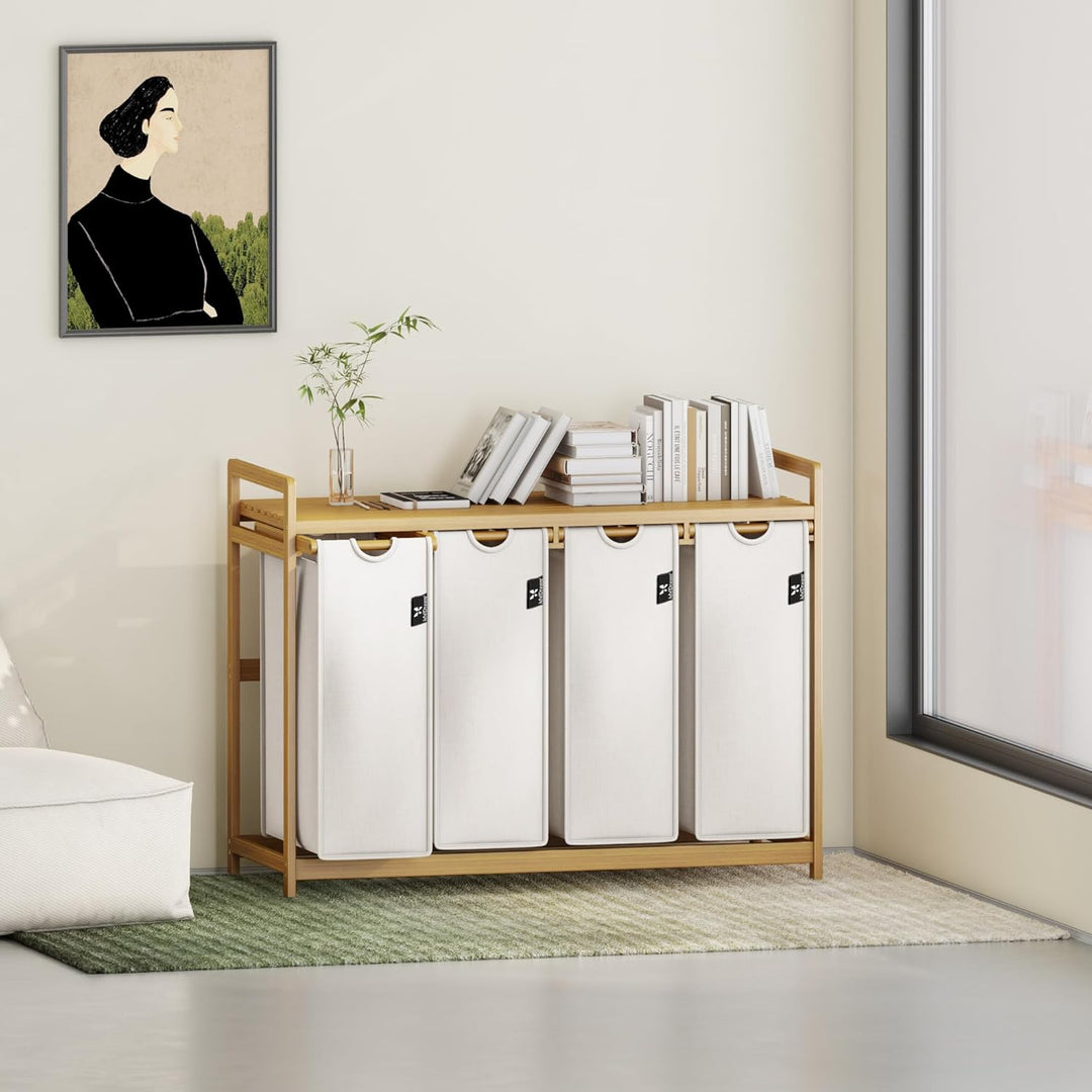 AdelDream Wäschekorb 200L, 4 Fächer Wäschesammler mit Ablage, Bambusrahmen | Wäschesortierer mit 4 x