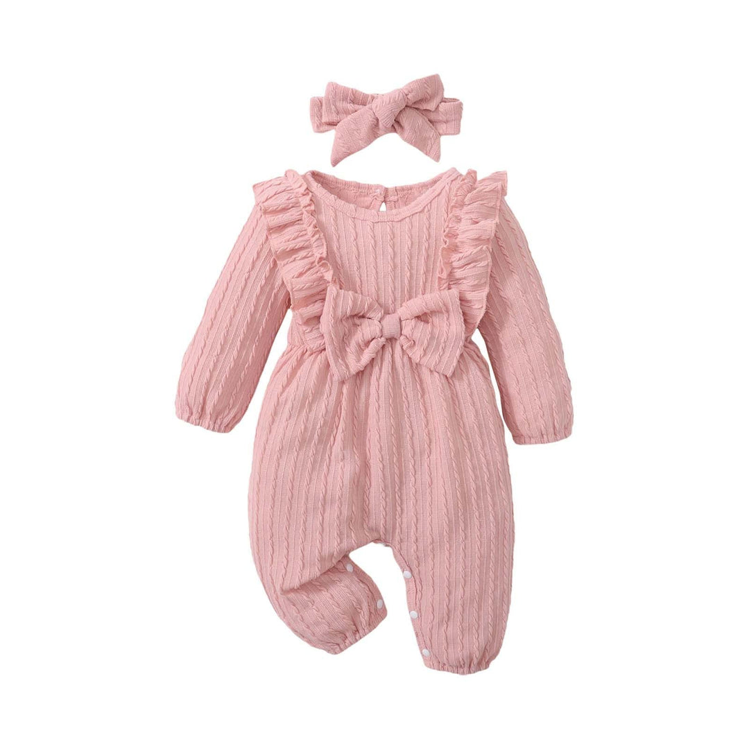Neugeborene Kleidung für Mädchen Langarm-Overall-Stirnband-Set für Kleinkinder mit Textur und Schlei