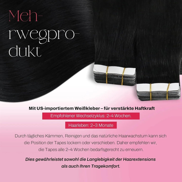 Moresoo Tape Extensions Schwarz Haarverlängerung Echthaar Extensions Tape 25cm Invisible Tape in Ext
