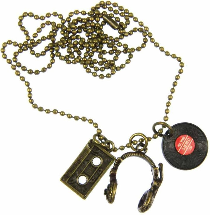Miniblings 3er Set DJ Musiker Kette Halskette 80cm Kopfhörer LP Tape Bronze - Handmade Modeschmuck -