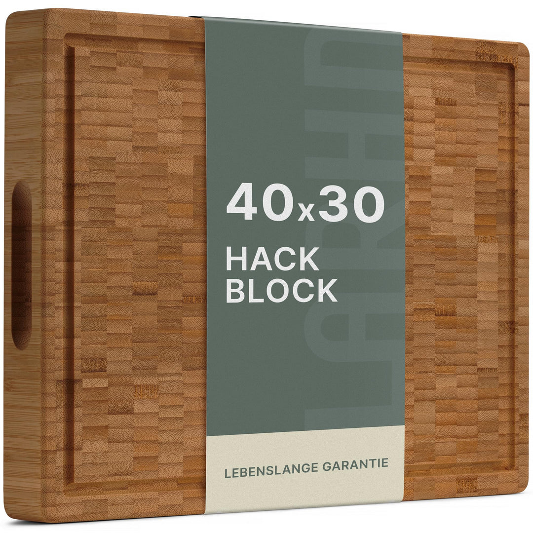 LARHN Stirnholz Hackblock Bambus massiv - 40x30x4 cm - Schneidebrett Holz | Griff, Saftrille, messer