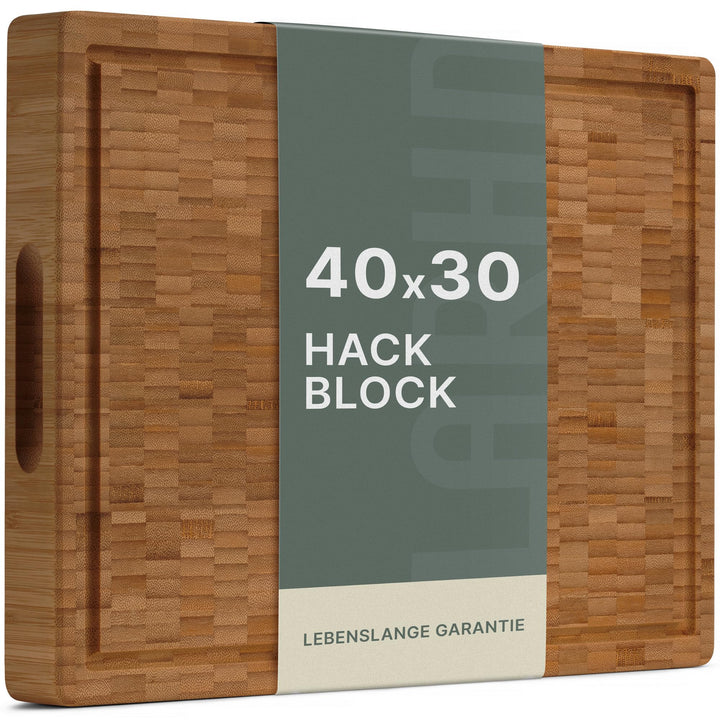 LARHN Stirnholz Hackblock Bambus massiv - 40x30x4 cm - Schneidebrett Holz | Griff, Saftrille, messer