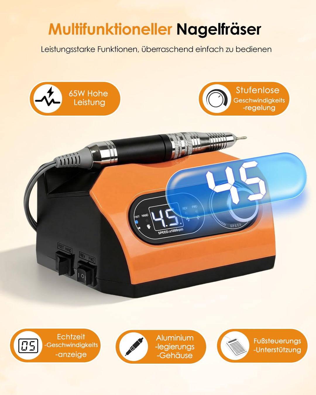 CozyZen Elektrische Nagelfeile, Profi Nagelfräse 35.000 U/min mit LED | Mit Fusspedal, 6 Aufsätzen u