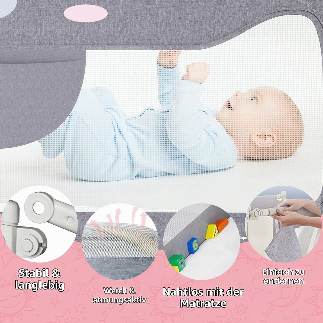 Bettgitter Kinder 200cm mit Bärenmotiv, Höhenverstellbarer Rausfallschutz Bett, Bettschutzgitter für