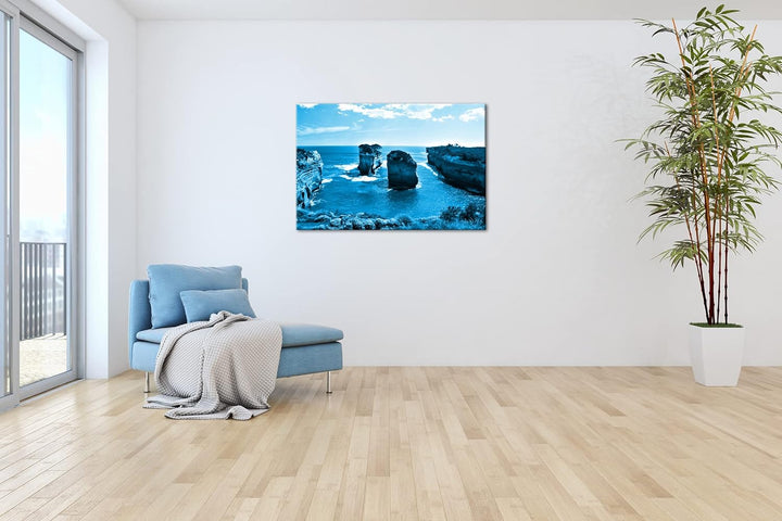 deyoli Felsenküste in Australien Format 80x60 Effekt: Monocrome Blau als Leinwandbild, Motiv fertig