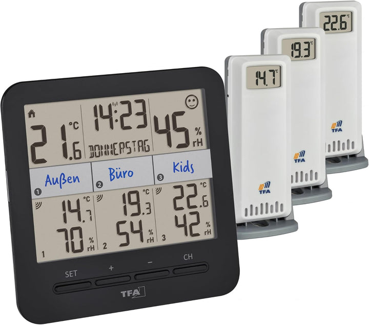 TFA Dostmann Thermo-Hygrometer mit 3 Sendern Klima@Home2, 30.3075.01, Temperatur/Luftfeuchtigkeit in