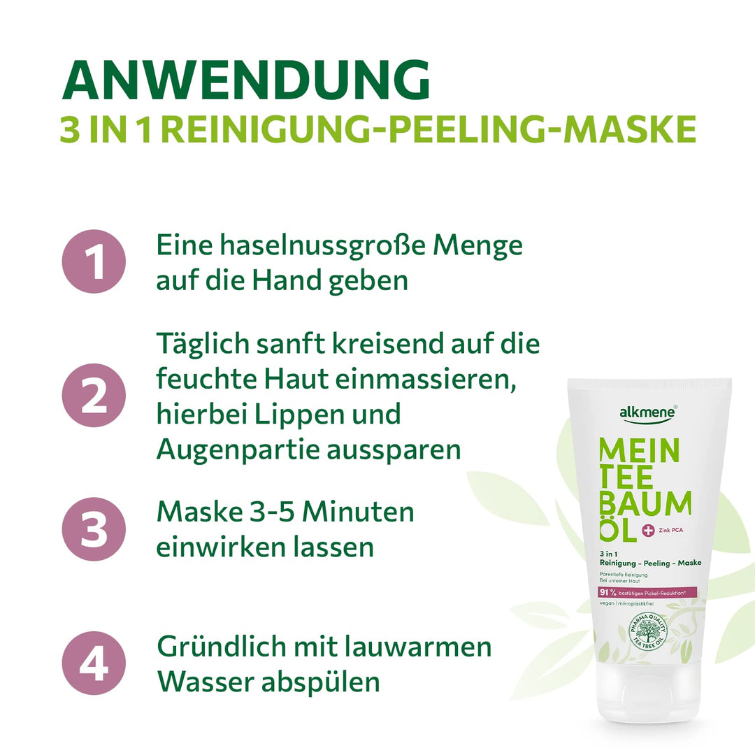 alkmene Mein Teebaumöl 3in1 Reinigung Peeling Maske 3x 150 ml Pickel Reduktion 91% bestätigt - natur