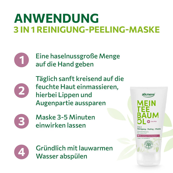 alkmene Mein Teebaumöl 3in1 Reinigung Peeling Maske 3x 150 ml Pickel Reduktion 91% bestätigt - natur