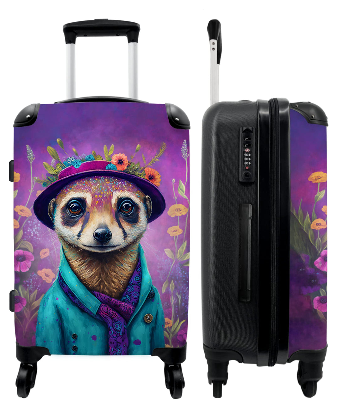 NoBoringSuitcases.com® Hartschalenkoffer Mädchen Kinder Koffer fürs Gepäck Carry on Trolli Erdmännch