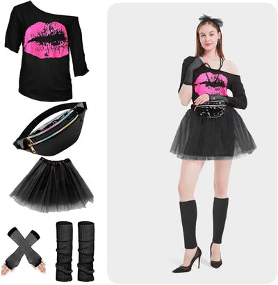 WILDPARTY 80er Jahre Outfit Damen Set, T-Shirt, Tutu, Gürteltasche, Stirnband, Ohrring, Halskette, N