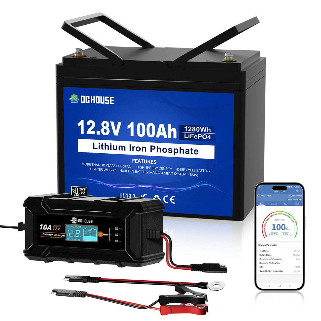 DCHOUSE 12V 100Ah LiFePO4 Lithium Batterie mit 10A Ladegerät, bis zu 15000 Deep Cycles für Schlepper