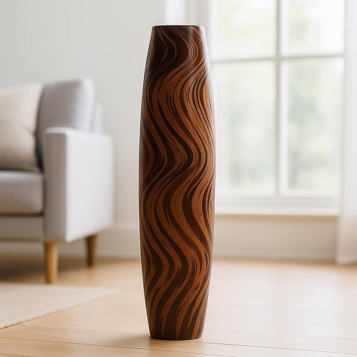 Leewadee Grosse Bodenvase für Dekozweige hohe Standvase Design Holzvase, Holz, 70 cm, Braun Hellbrau