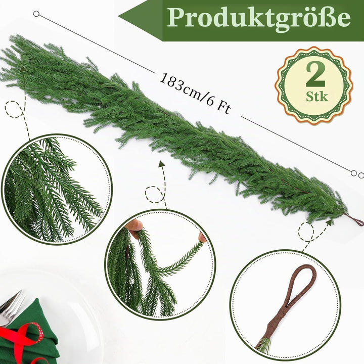 Laelfe 2 Stück Weihnachtliche Norfolk Kieferngirlande, 183 cm | Real Touch PE Norfolk Pine Girlande,