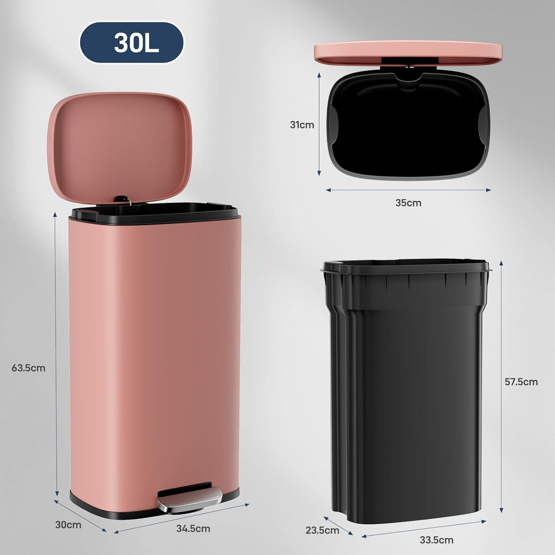 Clevich Mülleimer 30L aus Stahl, Abfalleimer, Tretmülleimer mit Soft-Close Deckel, Fusspeda, abnehmb