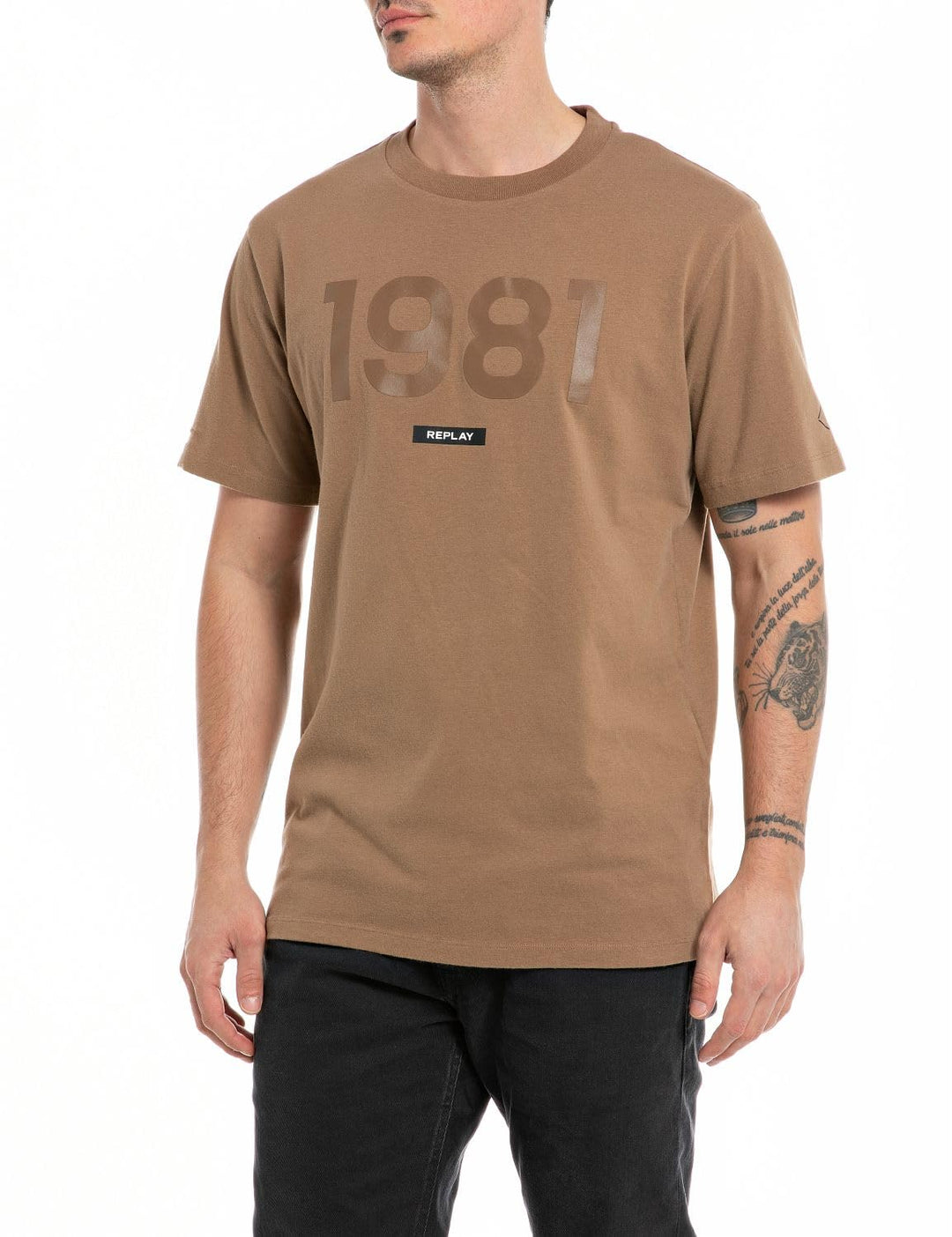Replay Herren T-Shirt Kurzarm Rundhalsausschnitt mit Logo S Safari 989, S Safari 989