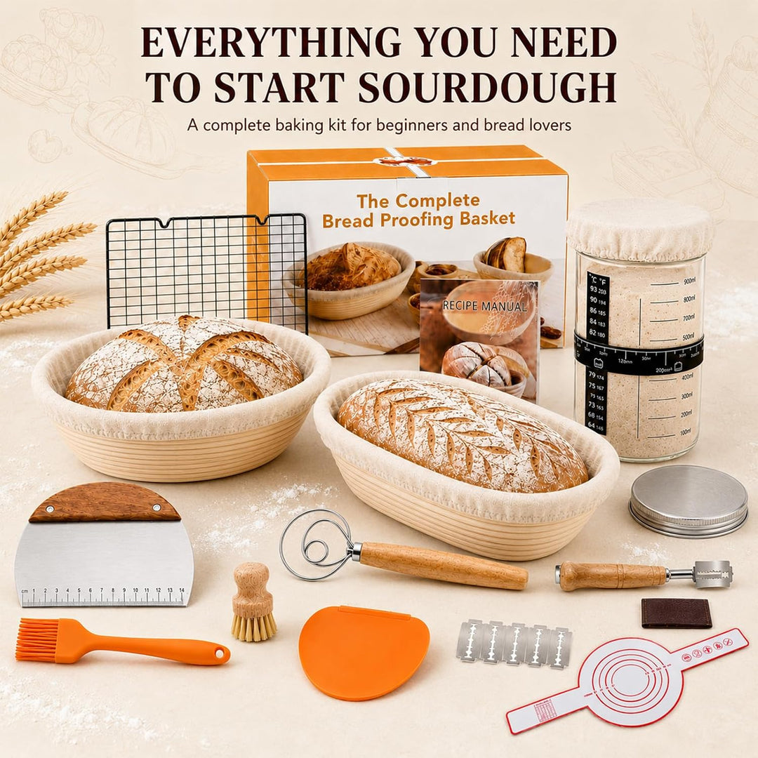 Sauerteig Starter Set mit Gärkörbchen, Komplettset Brot Backen Zubehör | 23 cm Rund &amp; 25 cm Oval Gär
