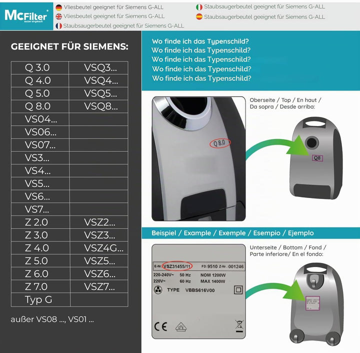 Mcfilter I 10 Staubsaugerbeutel geeignet für Siemens Baureihe VSZ3 - Serie Z 3.0 (Z3.0) und Baureihe
