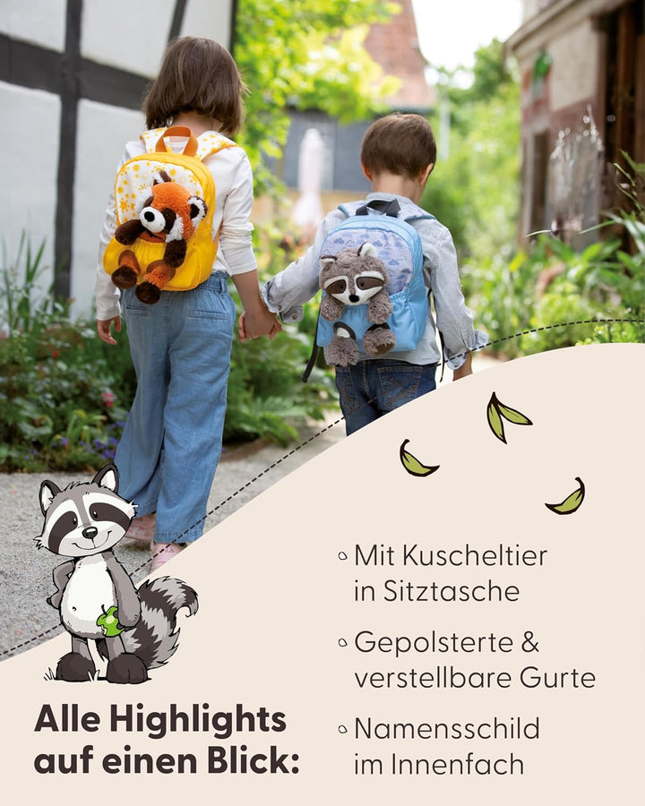 NICI Kinderrucksack blau 2 in 1 mit Kuscheltier Waschbär 25cm - Kindergartenrucksack Mädchen & Junge
