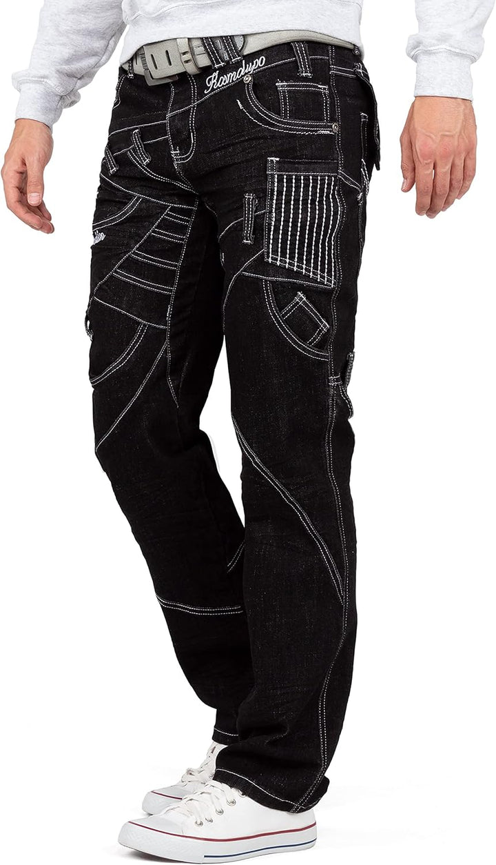 Kosmo Lupo Herren Jeans Extravagant Besondere Designs 29W / 32L Schwarz - 09, 29W / 32L Schwarz - 09
