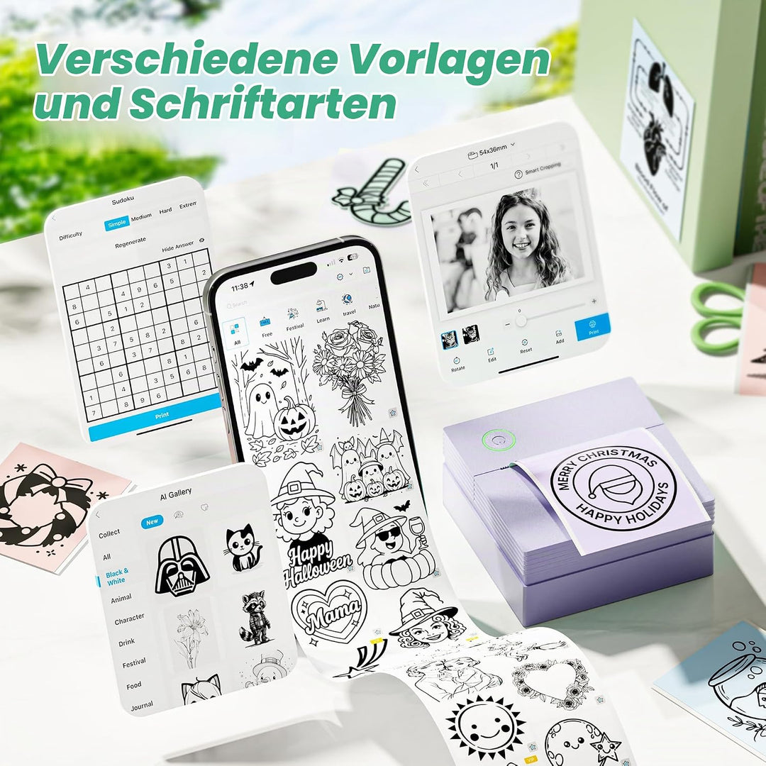 Sticker Drucker, PM290 Mini Drucker für Smartphone, Bluetooth Thermodrucker Mini mit 3 Rollen Papier
